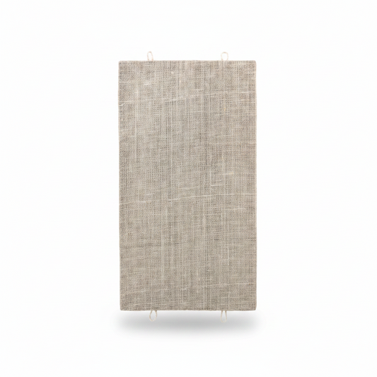 A rectangular woven wall hanging or panel shown on a white background, with a size diagram inset indicating dimensions of 52 cm by 28 cm. The product has a light beige linen-like texture and small hanging loops at the corners.
