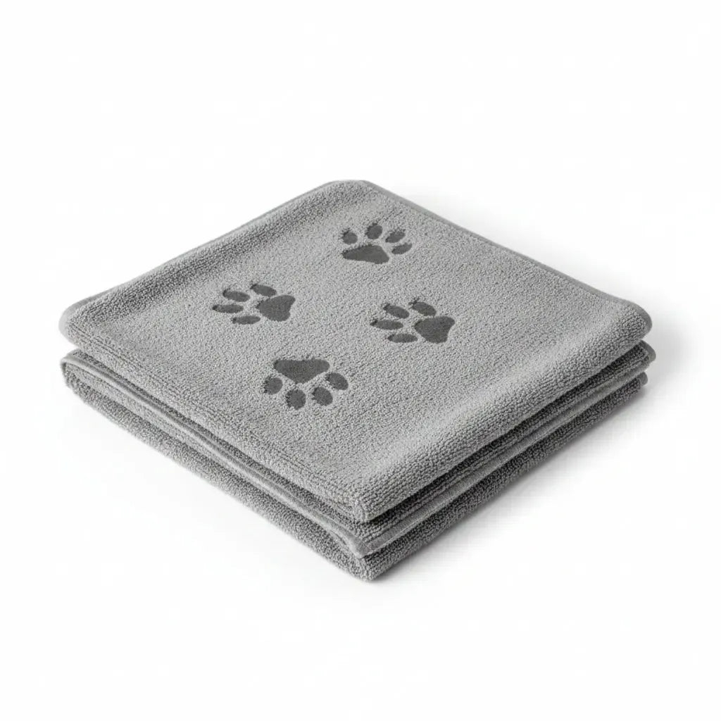 A folded gray microfiber dog grooming towel with three dark gray paw prints, shown on a plain white background.