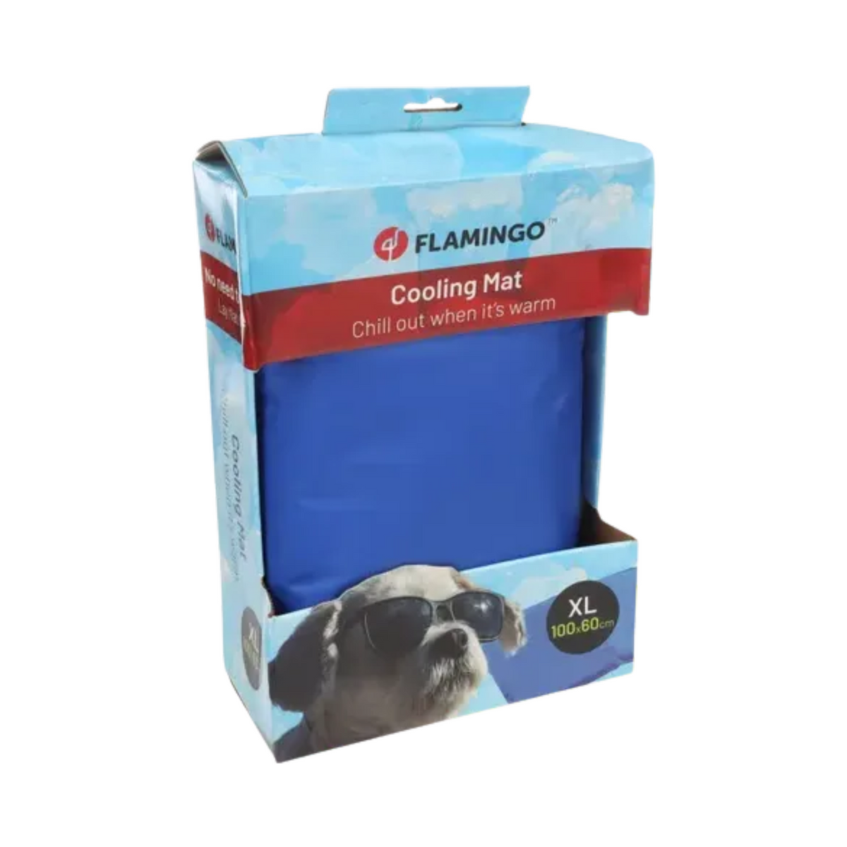A boxed pet cooling mat on a plain white background. The retail package is blue and white with a red band reading 'Cooling Mat' and a photo of a dog wearing sunglasses on the lower front.