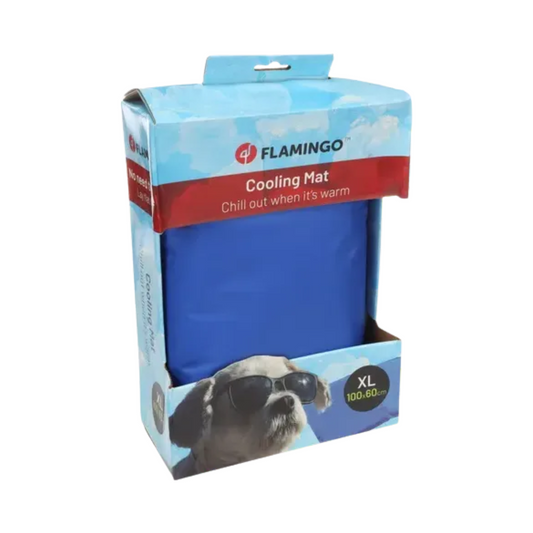 A boxed pet cooling mat on a plain white background. The retail package is blue and white with a red band reading 'Cooling Mat' and a photo of a dog wearing sunglasses on the lower front.