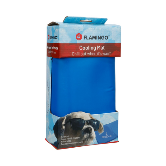 A blue Flamingo cooling mat in its retail packaging, featuring a printed graphic of a dog wearing sunglasses on the lower front.
