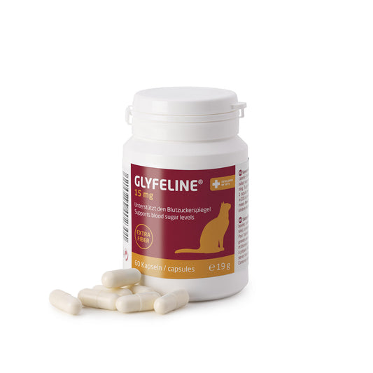 A white plastic bottle of Glyfeline 1.5 mg capsules for cats, shown with several white capsules in front on a clean white background.