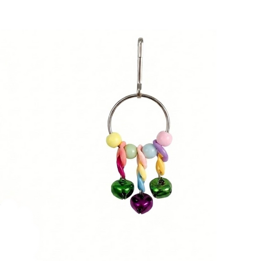 A metal baby teething ring with colorful beads and small jingle bells, shown on a plain white background.
