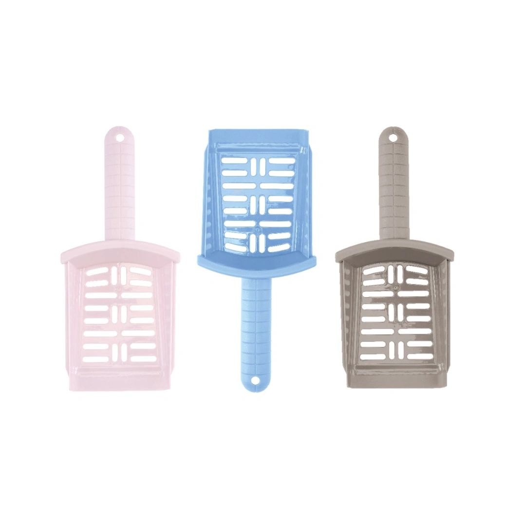 Three plastic litter scoops in pastel pink, light blue, and taupe gray, arranged side-by-side on a plain white background.