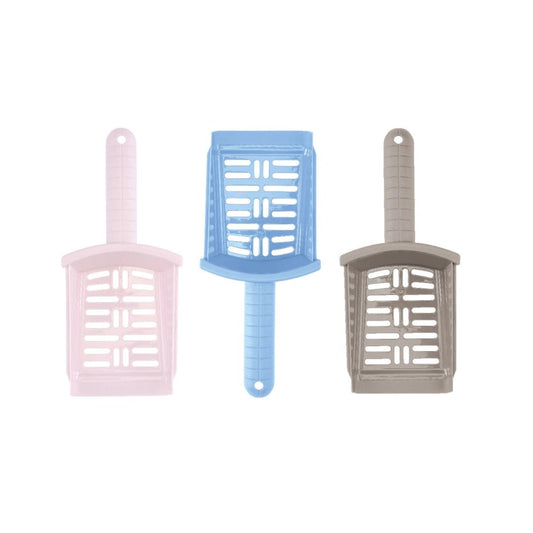 Three plastic litter scoops in pastel pink, light blue, and taupe gray, arranged side-by-side on a plain white background.