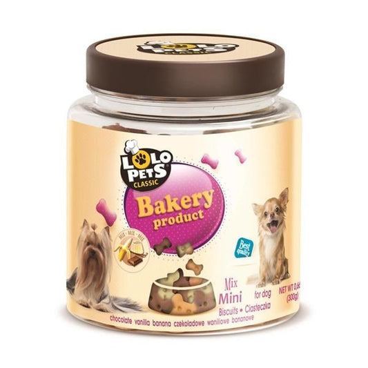 A jar of Lolo Pets Classic Bakery Product dog treats, featuring a clear plastic container with a brown lid and a beige label showing a small dog and chocolate-shaped treats.