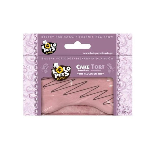 A package of Lo Lo Pets Classic Cake Tort (plum flavor) dog treats, shown in its original retail packaging with a clear window displaying the pink tortilla chips.
