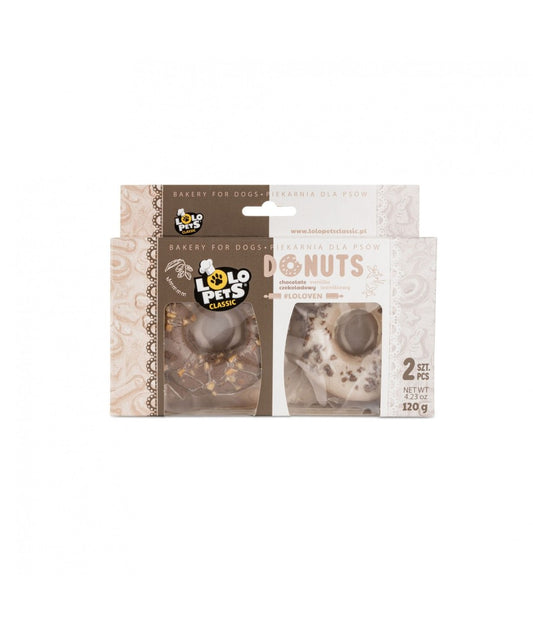 Two packaged dog treats from Polo Pets Classic, featuring chocolate-flavored donut-shaped snacks in a white and brown cardboard box with a clear window showing the treats inside.