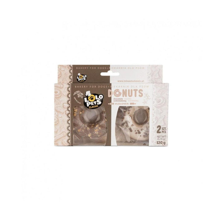 Two packaged dog treats from Polo Pets Classic, featuring chocolate-flavored donut-shaped snacks in a white and brown cardboard box with a clear window showing the treats inside.