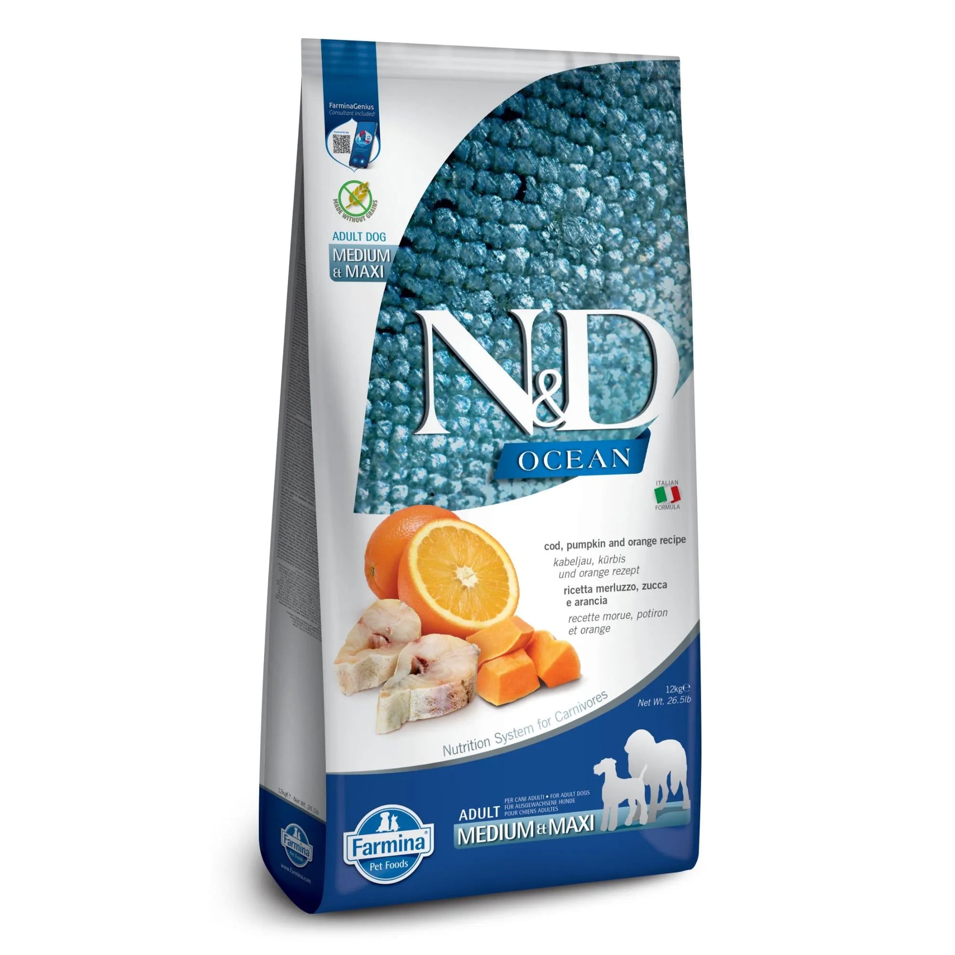 12kg bag of Farmina N&D Ocean Cod and Orange dog food for medium and maxi adult dogs with blue textured packaging.
