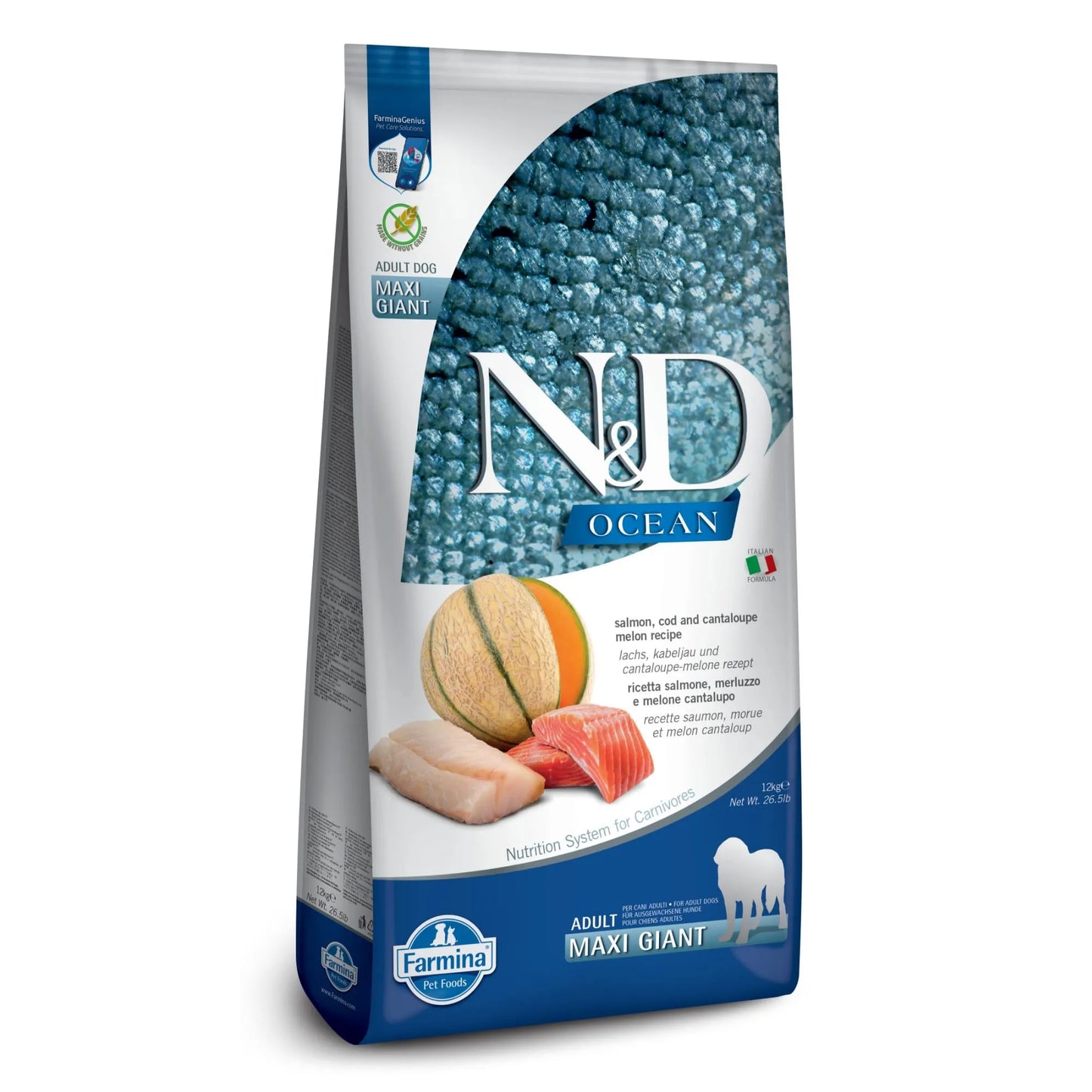 12kg bag of Farmina N&D Ocean dog food featuring salmon, cod, and cantaloupe imagery on a blue textured background.