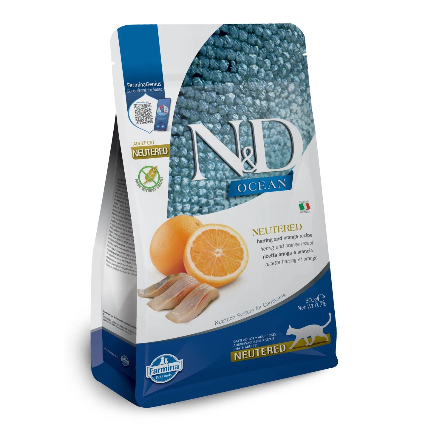 300g bag of Farmina N&D Ocean Neutered cat food featuring blue packaging, fresh herring, and orange slices.