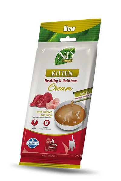 N&D Prime Kitten Chicken and Tuna cream treat pouch featuring a bowl of creamy cat food and fresh meat imagery.
