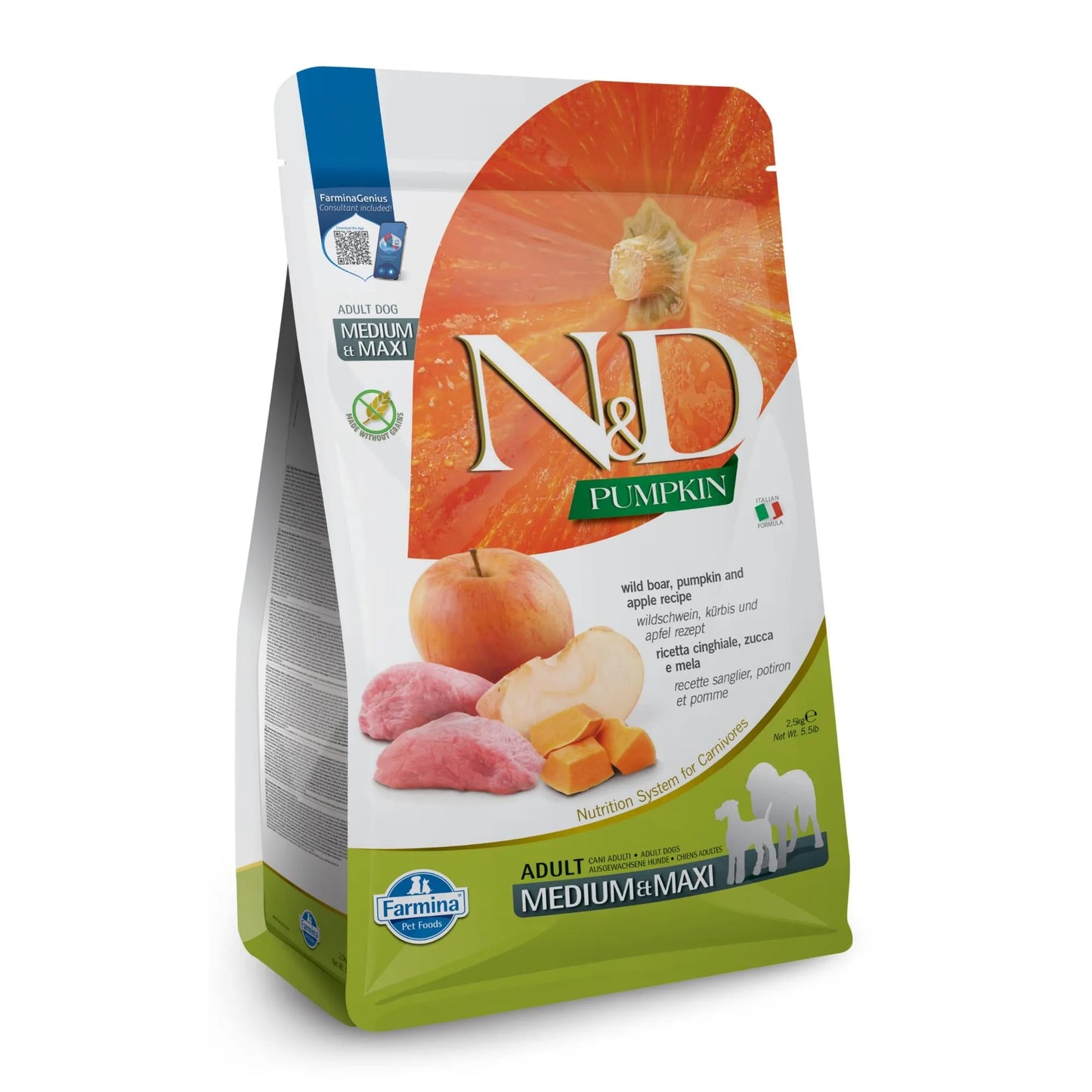 2.5kg bag of Farmina N&D Pumpkin dog food featuring boar, apple, and pumpkin imagery on a white and green package.