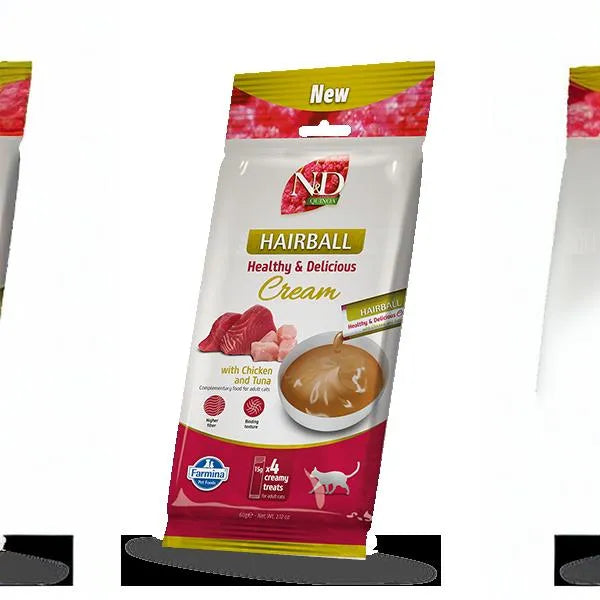 N&D Quinoa Hairball Cream 60g pouch featuring chicken and tuna imagery on a white and red background.
