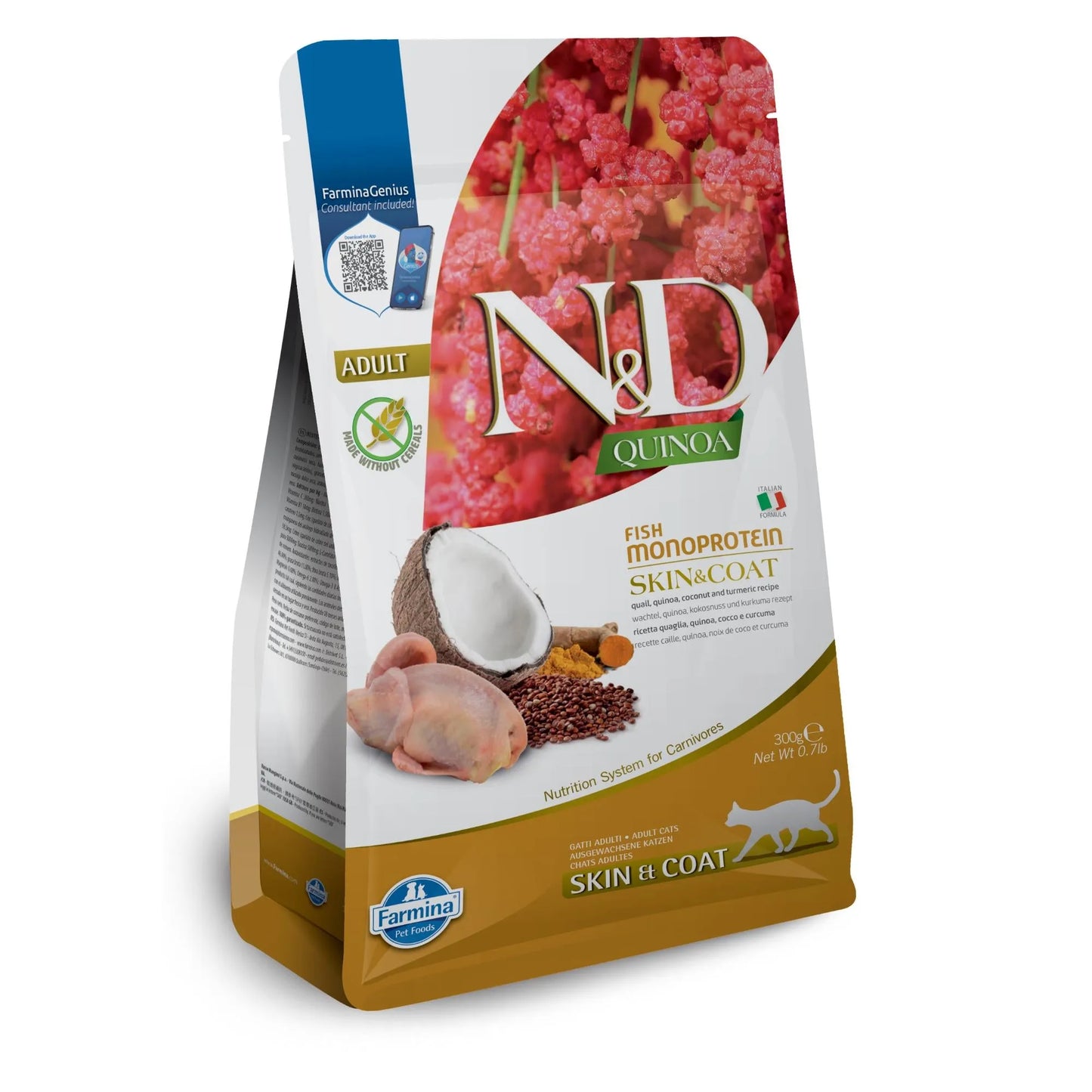 N&D Quinoa Skin & Coat Quail cat food 300g bag featuring images of quail, coconut, and quinoa on a white and gold pouch.