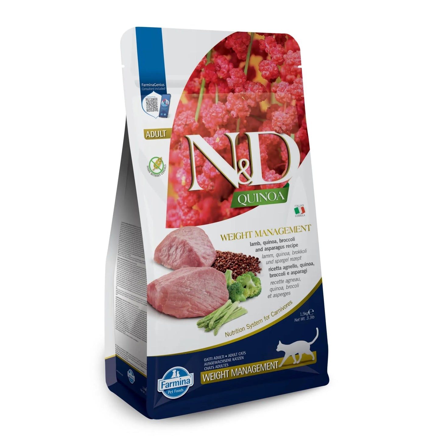 1.5kg bag of Farmina N&D Quinoa Weight Management cat food featuring images of lamb, broccoli, and asparagus.