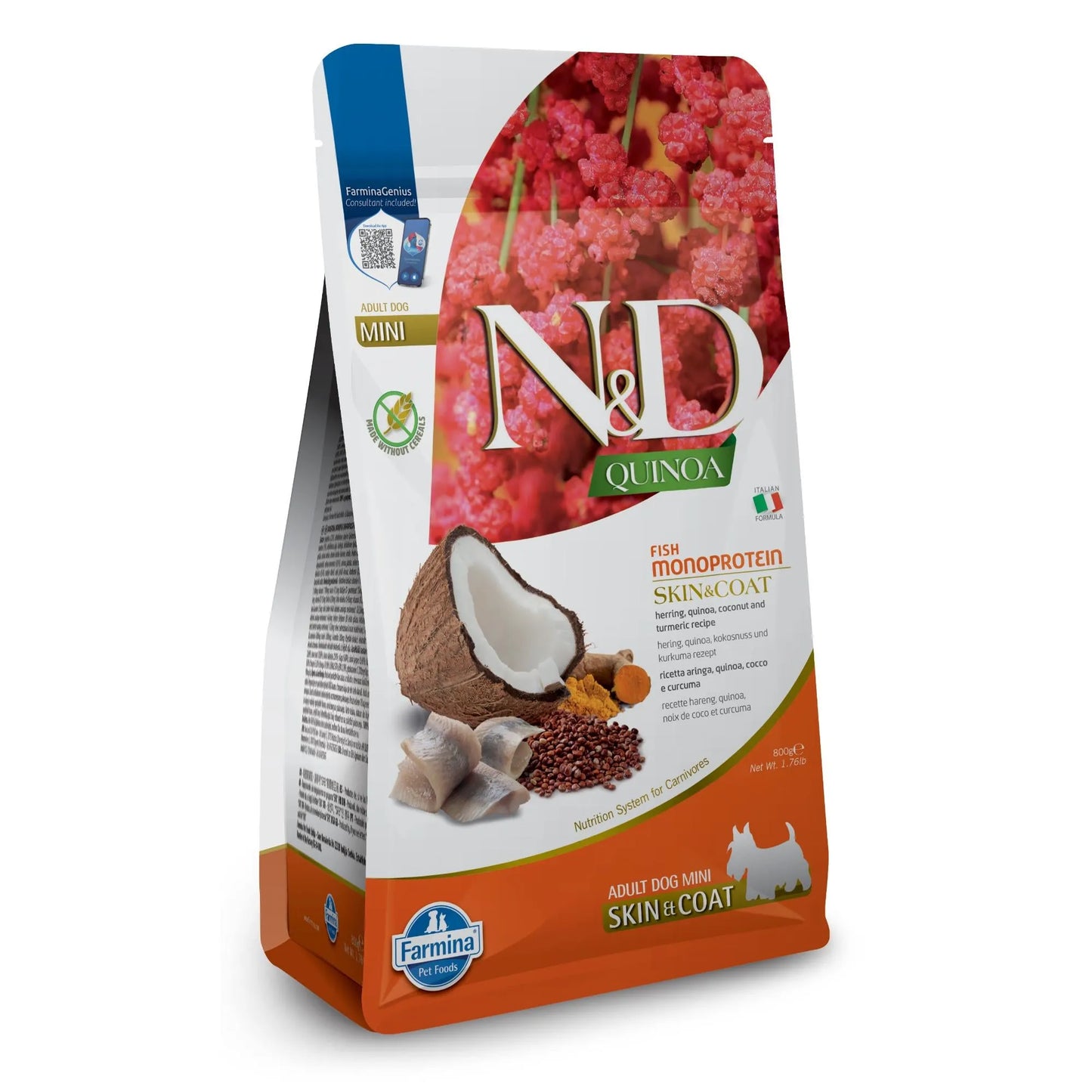 800g bag of Farmina N&D Quinoa Skin & Coat dog food featuring herring, coconut, and turmeric imagery.