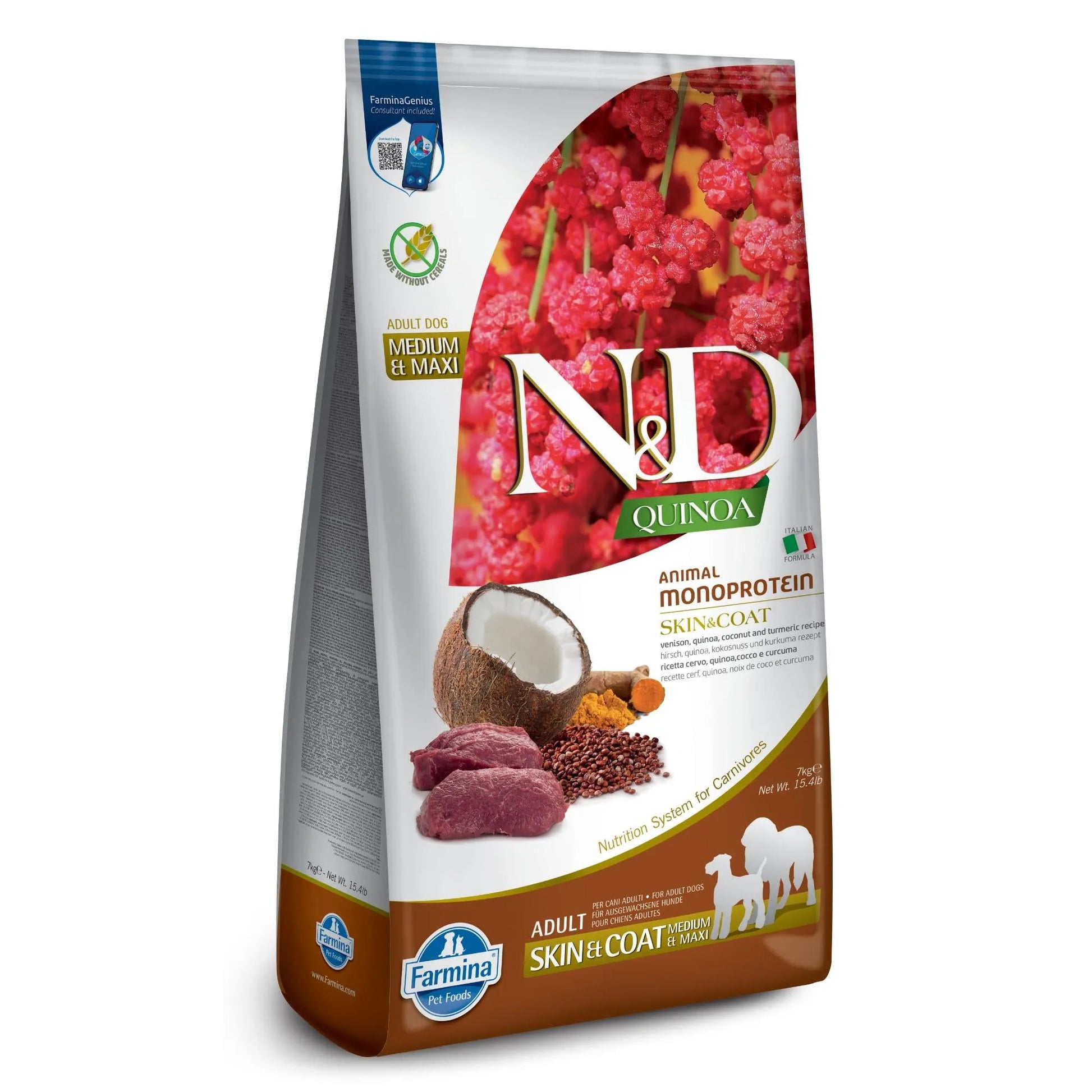 7kg bag of Farmina N&D Quinoa Skin & Coat venison dog food featuring images of fresh venison, coconut, and quinoa.