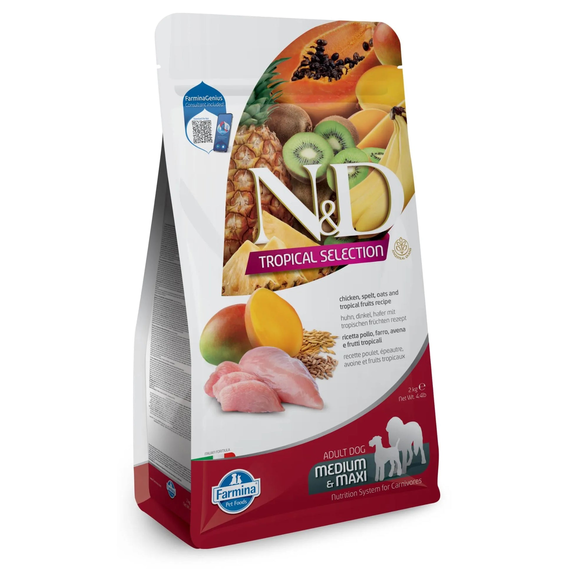 2kg bag of Farmina N&D Tropical Selection dog food featuring chicken, ancestral grains, and tropical fruit imagery.
