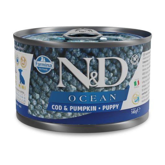 140g can of Farmina N&D Ocean Cod and Pumpkin wet puppy food with blue branding and silver metal lid.