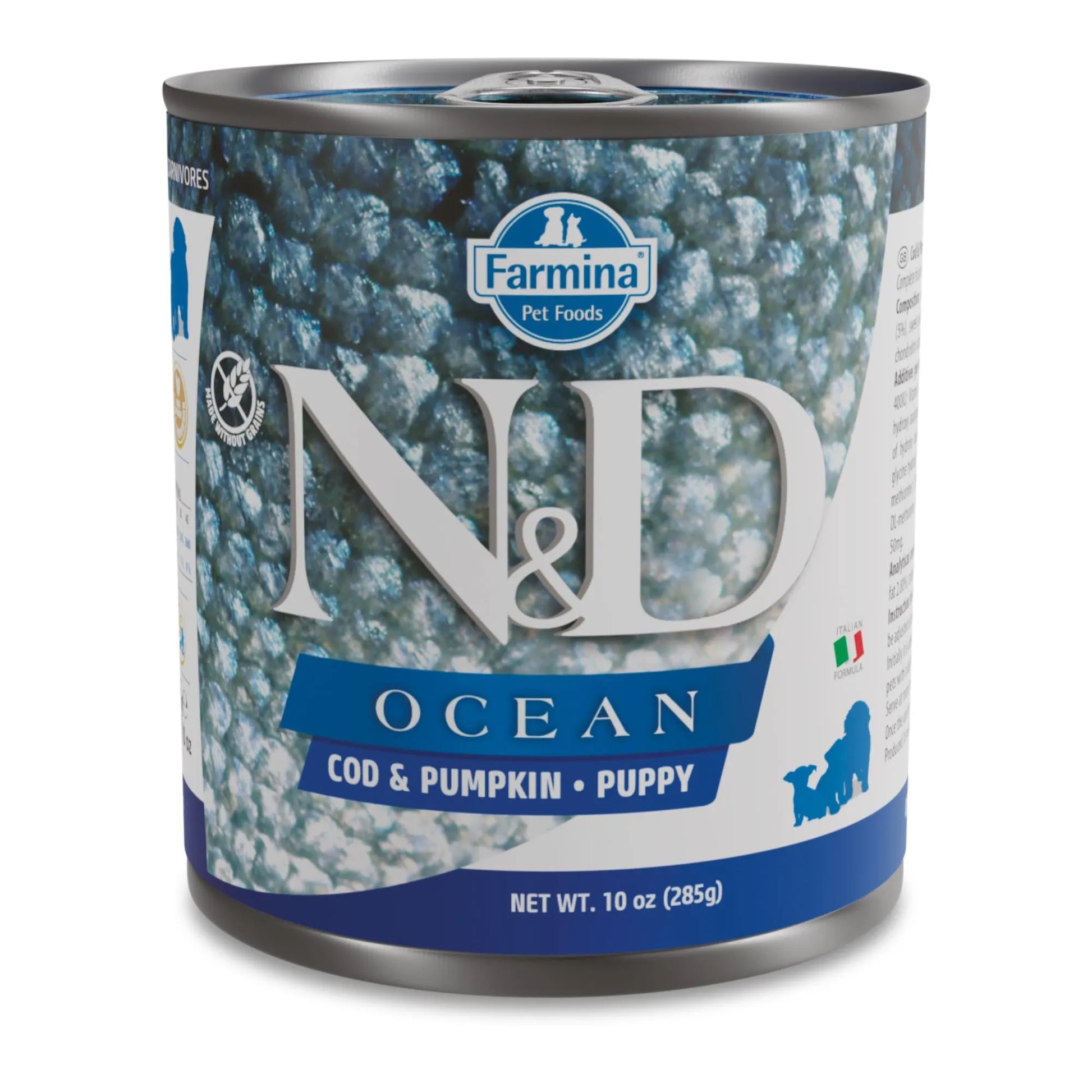285g can of Farmina N&D Ocean Cod and Pumpkin puppy wet food with blue and white branding.