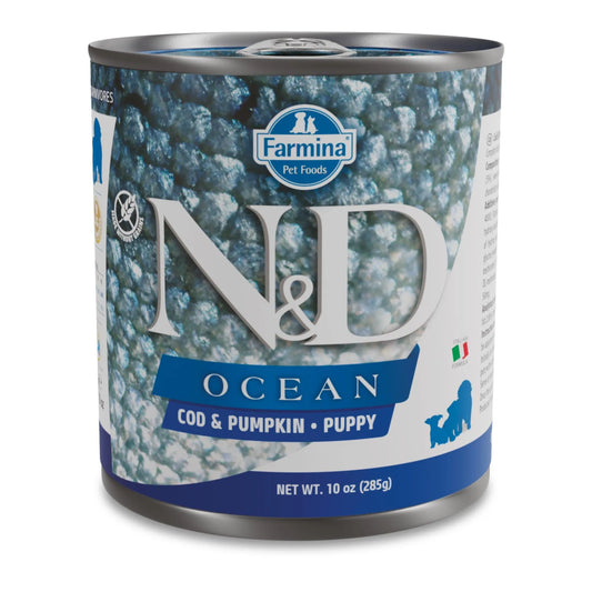285g can of Farmina N&D Ocean Cod and Pumpkin puppy wet food with blue and white branding.