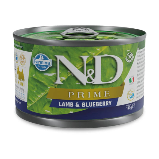 140g metal can of Farmina N&D Prime Lamb and Blueberry wet dog food with green leaf imagery and pull-tab lid.
