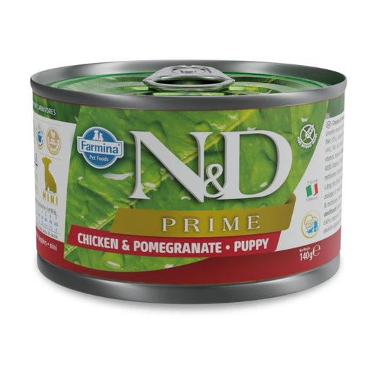 140g can of Farmina N&D Prime wet puppy food with chicken and pomegranate, featuring a green and red label design.