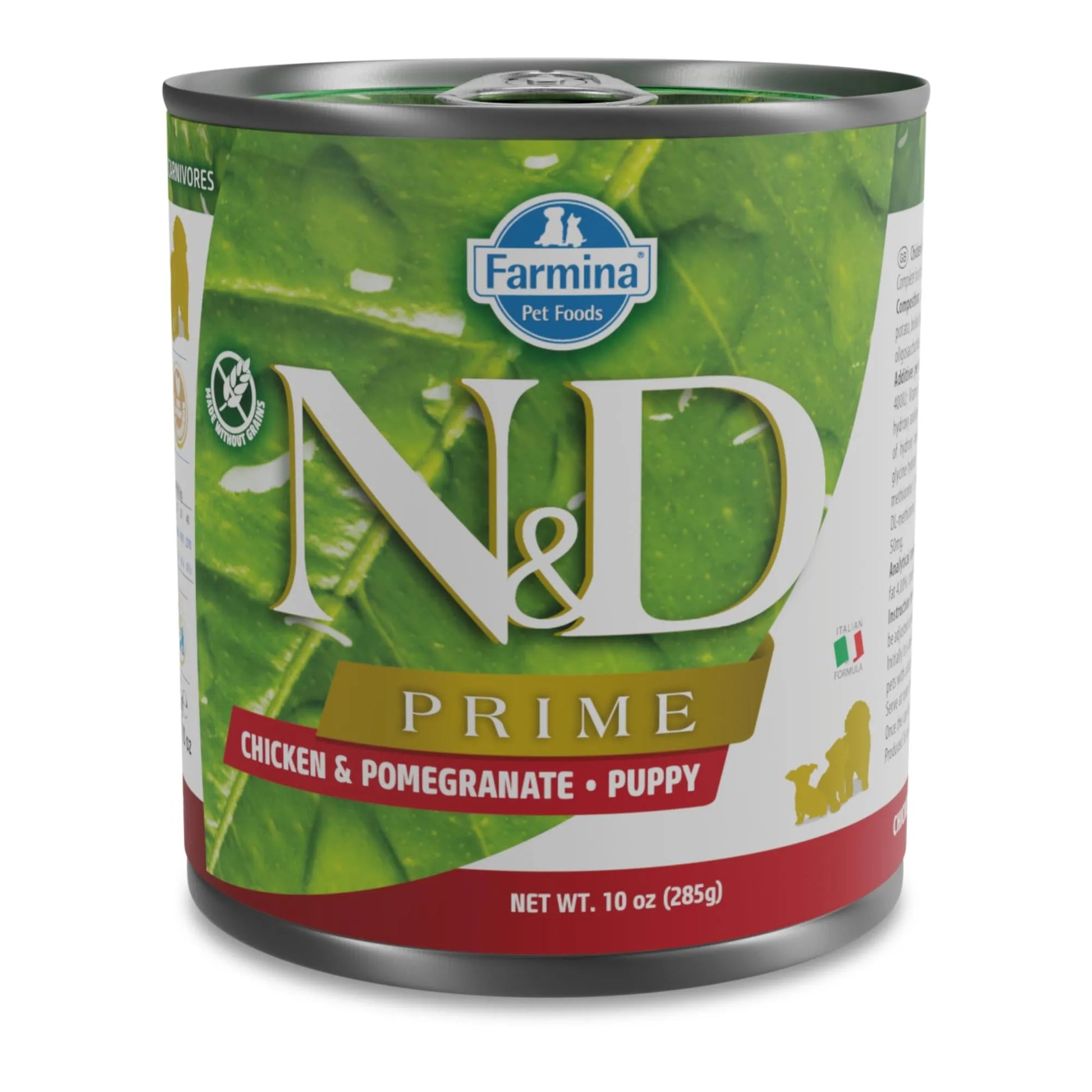 Farmina N&D Prime puppy wet food can with green leaf design, chicken and pomegranate flavor, 285g net weight.