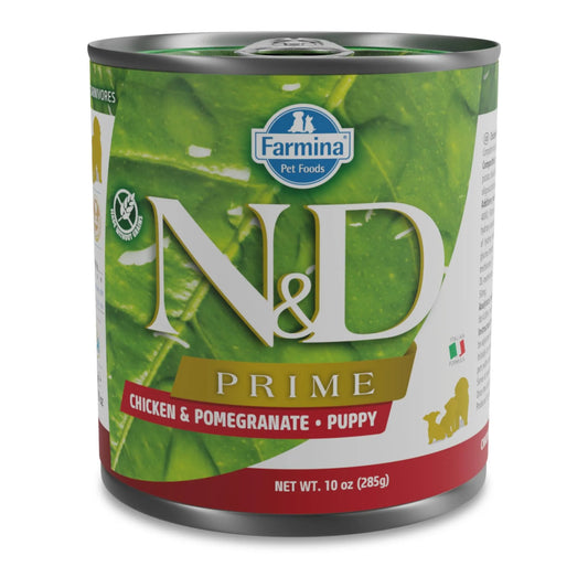 Farmina N&D Prime puppy wet food can with green leaf design, chicken and pomegranate flavor, 285g net weight.