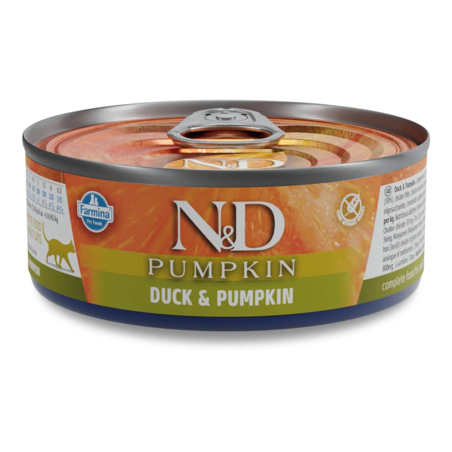 70g can of Farmina N&D Pumpkin Duck & Pumpkin wet cat food with orange and green label branding.