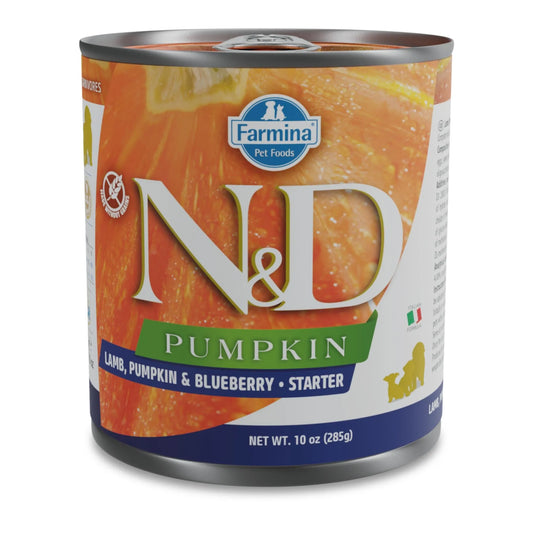 Farmina N&D Pumpkin wet dog food can, 285g, featuring lamb, pumpkin, and blueberry branding on an orange background.