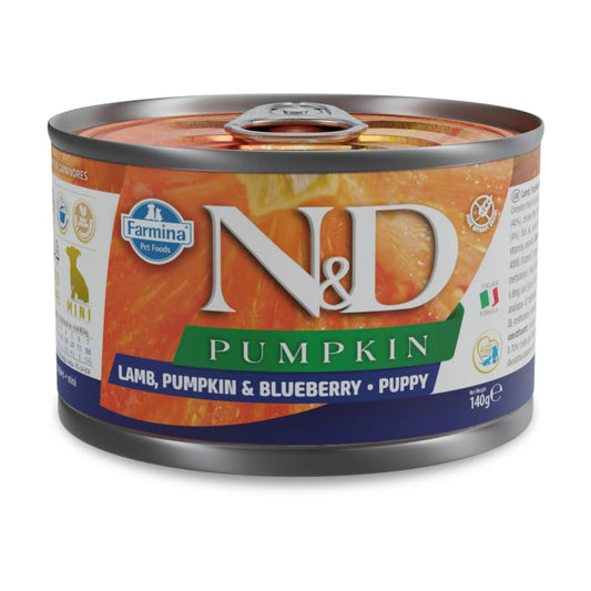 140g can of Farmina N&D Pumpkin puppy wet food with lamb and blueberry, featuring vibrant orange branding.