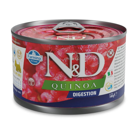 140g metal can of Farmina N&D Quinoa Digestion wet dog food with a red label and silver pull-tab lid.