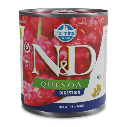285g metal can of Farmina N&D Quinoa Digestion wet dog food featuring a red berry background and white branding.