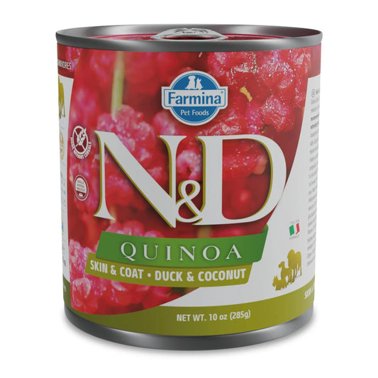 285g can of Farmina N&D Quinoa wet dog food with duck and coconut, featuring a red label with white text.