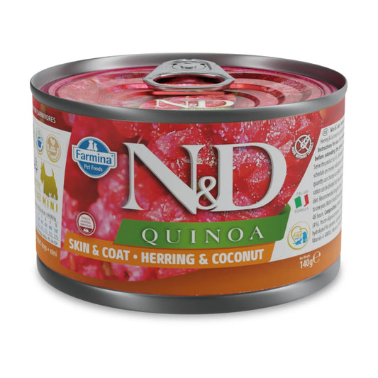 140g N&D Quinoa wet dog food can featuring red branding with herring and coconut imagery on a white background.