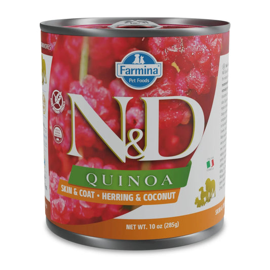 285g Farmina N&D Quinoa wet dog food can featuring red berry imagery, branding, and herring and coconut flavor text.