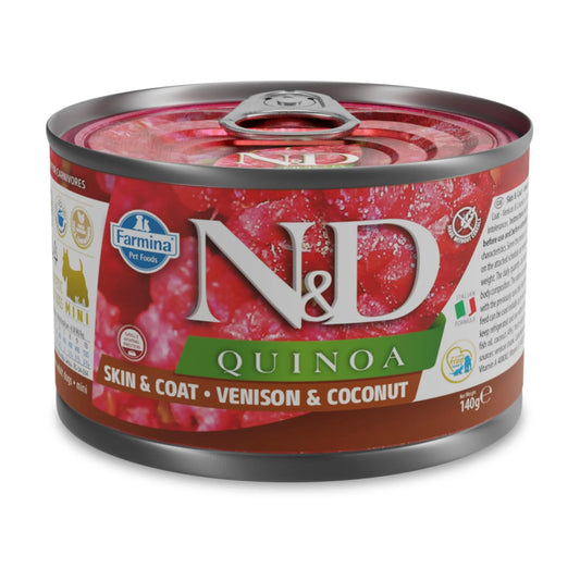 140g can of Farmina N&D Quinoa wet dog food with a red label featuring venison and coconut imagery.