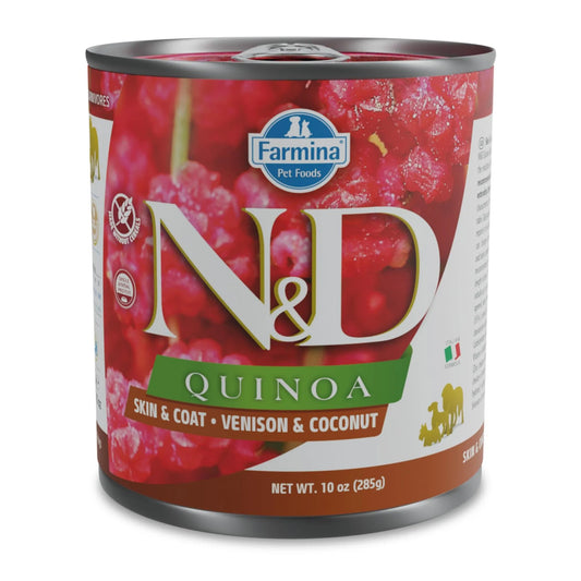 285g metal can of Farmina N&D Quinoa wet dog food with a red label featuring venison and coconut branding.