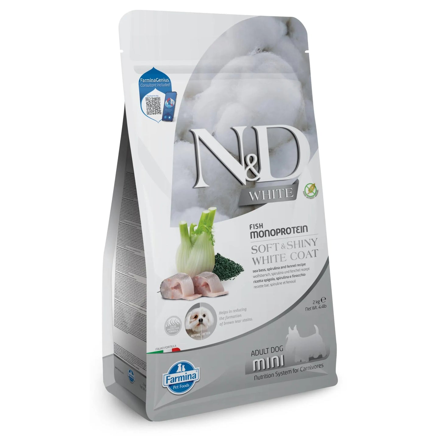 2kg bag of Farmina N&D White Adult Mini dog food featuring sea bass, potato, spirulina, and fennel ingredients.