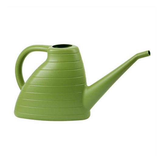 A bright green watering can with a curved spout and a matching handle, featuring horizontal ridges on its body, shown against a plain white background.