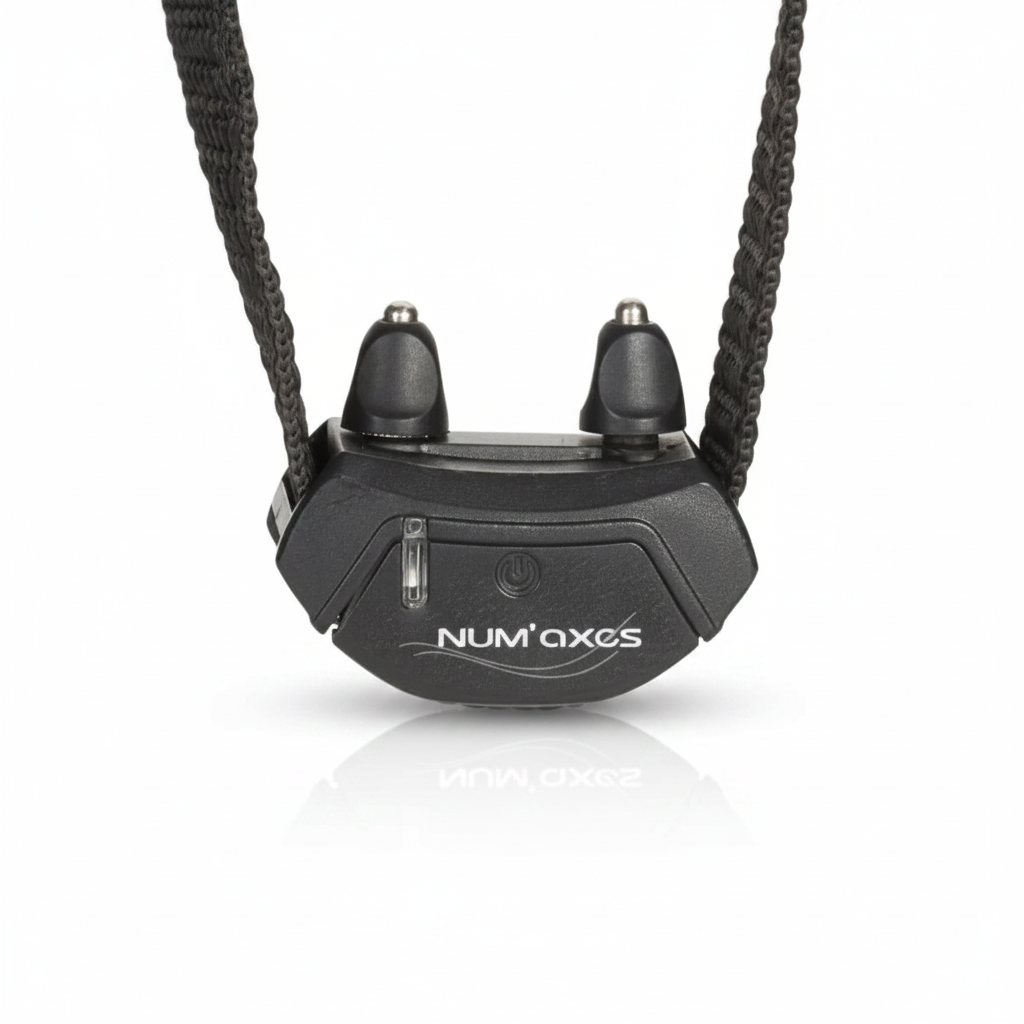 Black Num Axes electronic collar transmitter with two black ear-like antennas and a braided black neck strap, shown against a plain white background.