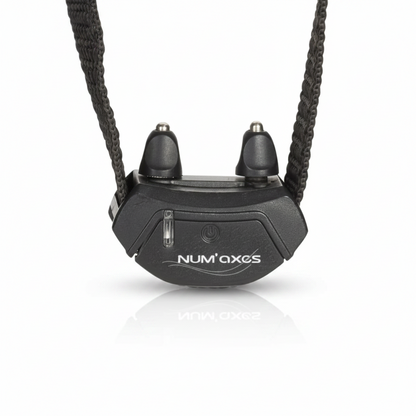 Black Num Axes electronic collar transmitter with two black ear-like antennas and a braided black neck strap, shown against a plain white background.