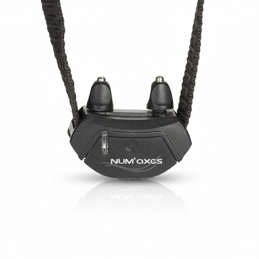 Black Num Axes electronic collar transmitter with two black ear-like antennas and a braided black neck strap, shown against a plain white background.