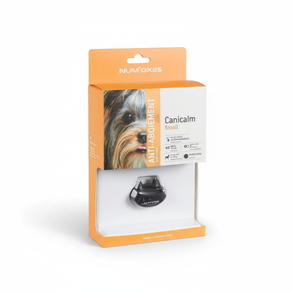 Num Canicalm Small anti-abolition collar in its original orange and white retail packaging, featuring a picture of a dog on the box.