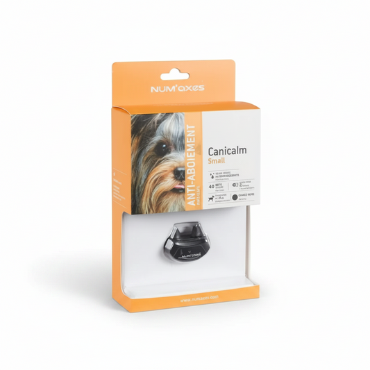 Num Canicalm Small anti-abolition collar in its original orange and white retail packaging, featuring a picture of a dog on the box.