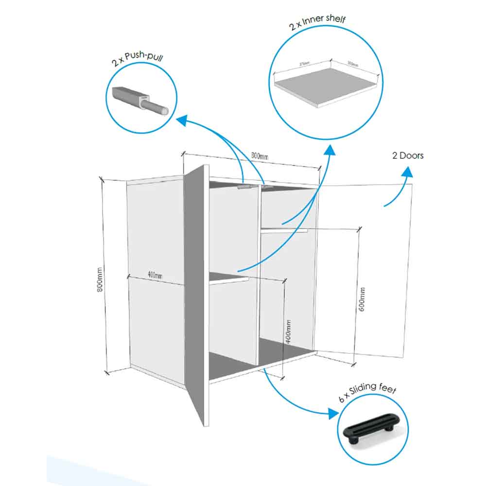 Diagram of an Askoll Opera 150 aquarium cabinet with labeled components on a white background
