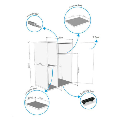 Diagram of an askoll 110 Opera aquarium storage unit with labeled parts and dimensions on a white background